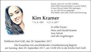 Traueranzeige von Kim Kramer von  Gießener Anzeiger