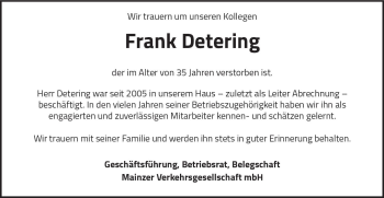 Traueranzeige von Klaus Detering von Trauerportal Rhein Main Presse