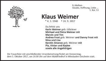 Traueranzeige von Klaus Weimer von Trauerportal Rhein Main Presse