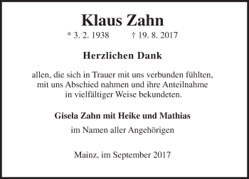 Traueranzeige von Klaus Zahn von Trauerportal Rhein Main Presse