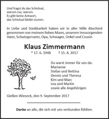 Traueranzeige von Klaus Zimmermann von  Gießener Anzeiger