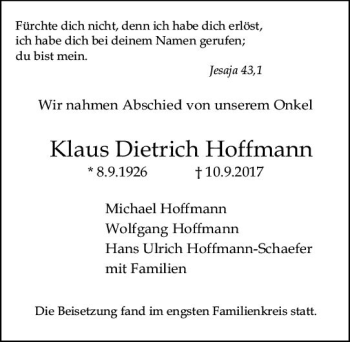 Traueranzeige von Klaus Dietrich Hoffmann von Trauerportal Rhein Main Presse