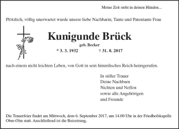 Traueranzeige von Kunigunde Brück von Trauerportal Rhein Main Presse