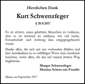Traueranzeige von Kurt Schwenzfeger von Trauerportal Rhein Main Presse