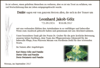 Traueranzeige von Leonhard Jakob Gölz von Trauerportal Echo Online