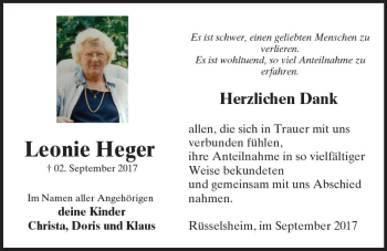 Traueranzeige von Leonie Heger von Trauerportal Rhein Main Presse