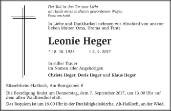 Traueranzeige von Leonie Heger von Trauerportal Rhein Main Presse