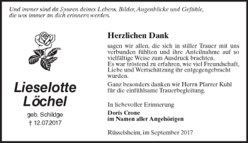 Traueranzeige von Lieselotte Löchel von Trauerportal Rhein Main Presse