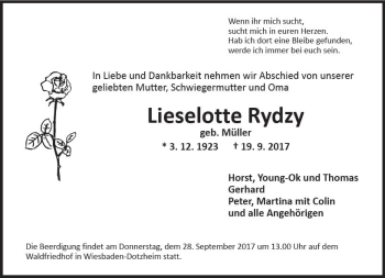 Traueranzeige von Lieselotte Rydzy von Trauerportal Rhein Main Presse