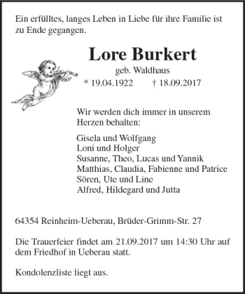 Traueranzeige von Lore Burkert von Trauerportal Echo Online