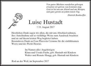 Traueranzeige von Luise Hustadt von  Usinger Anzeiger
