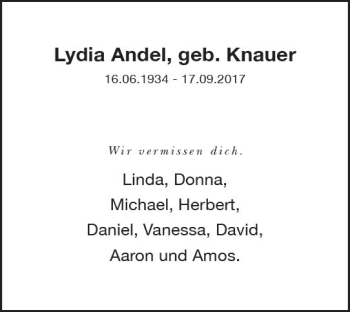 Traueranzeige von Lydia Andel von Trauerportal Rhein Main Presse