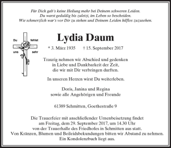 Traueranzeige von Lydia Daum von  Usinger Anzeiger