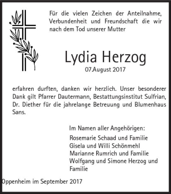 Traueranzeige von Lydia Herzog von Trauerportal Rhein Main Presse