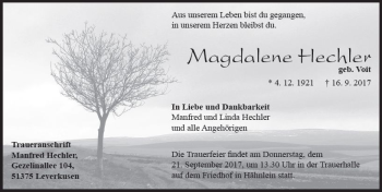 Traueranzeige von Magdalene Hechler von Trauerportal Echo Online