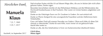 Traueranzeige von Manuela Klaus von  Kreisanzeiger