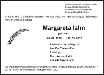 Traueranzeige von Margareta Jahn von Trauerportal Echo Online