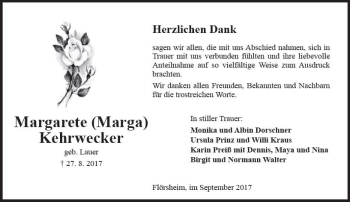 Traueranzeige von Margarete  Kehrwecker von Trauerportal Rhein Main Presse