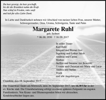 Traueranzeige von Margarete Ruhl von VRM Trauer