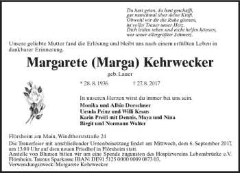 Traueranzeige von Margarete Marga Kehrwecker von Trauerportal Rhein Main Presse