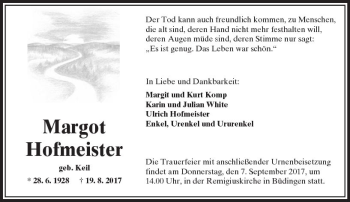 Traueranzeige von Margot Hofmeister von  Kreisanzeiger