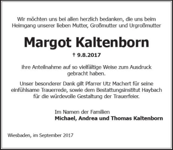 Traueranzeige von Margot Kaltenborn von Trauerportal Rhein Main Presse