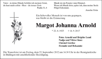 Traueranzeige von Margot Johanna Arnold von  Kreisanzeiger