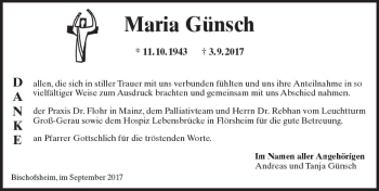 Traueranzeige von Maria Günsch von Trauerportal Rhein Main Presse