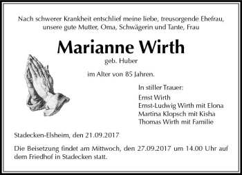 Traueranzeige von Marianne Wirth von Trauerportal Rhein Main Presse
