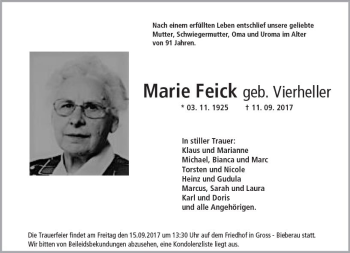 Traueranzeige von Marie Feick von Trauerportal Rhein Main Presse