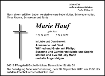 Traueranzeige von Marie Hauf von Trauerportal Echo Online