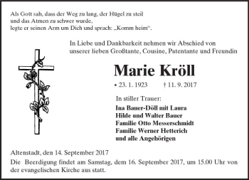 Traueranzeige von Marie Kröll von  Kreisanzeiger