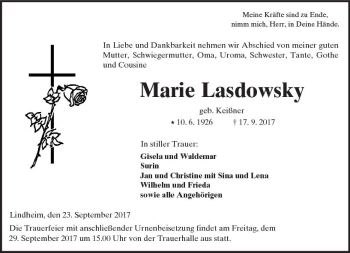 Traueranzeige von Marie Lasdowsky von  Kreisanzeiger