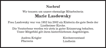 Traueranzeige von Marie Lasdowsky von  Kreisanzeiger