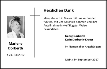 Traueranzeige von Marlene Dorberth von Trauerportal Rhein Main Presse