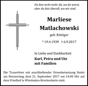 Traueranzeige von Marliese Matlachowski von Trauerportal Rhein Main Presse