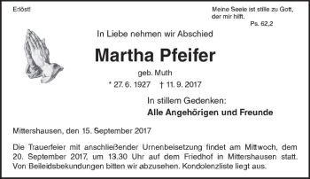 Traueranzeige von Martha Pfeifer von Trauerportal Echo Online