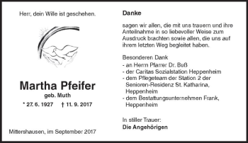 Traueranzeige von Martha Pfeifer von Trauerportal Echo Online