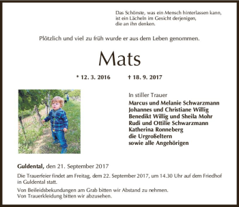 Traueranzeige von Mats  von Trauerportal Rhein Main Presse