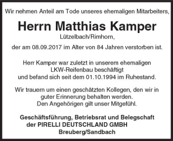Traueranzeige von Matthias Kamper von Trauerportal Echo Online