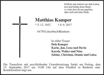 Traueranzeige von Matthias Kamper von Trauerportal Echo Online