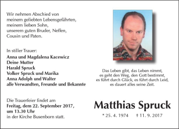 Traueranzeige von Matthias Spruck von  Kreisanzeiger