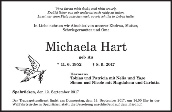 Traueranzeige von Michaela Hart von Trauerportal Rhein Main Presse