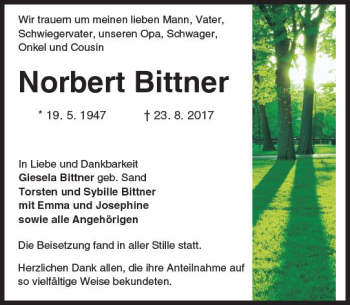 Traueranzeige von Norbert Bittner von Trauerportal Echo Online