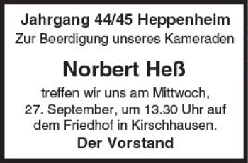 Traueranzeige von Norbert Heß von Trauerportal Echo Online