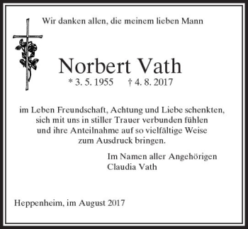 Traueranzeige von Norbert Vath von Trauerportal Echo Online