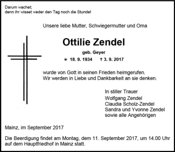 Traueranzeige von Ottilie Zendel von Trauerportal Rhein Main Presse