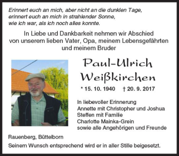Traueranzeige von Paul-Ulrich Weißkirchen von Trauerportal Echo Online