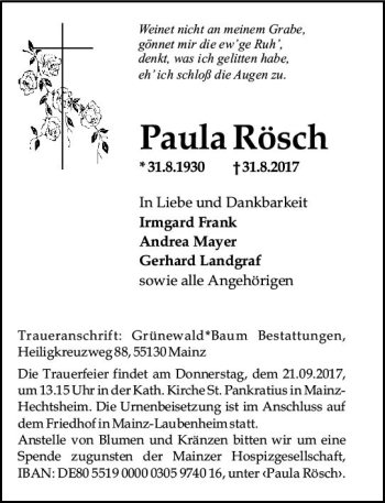 Traueranzeige von Paula Rösch von Trauerportal Rhein Main Presse