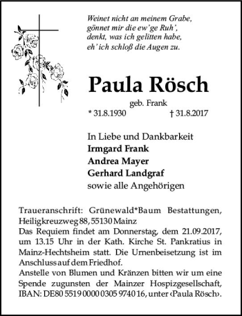 Traueranzeige von Paula Rösch von Trauerportal Rhein Main Presse